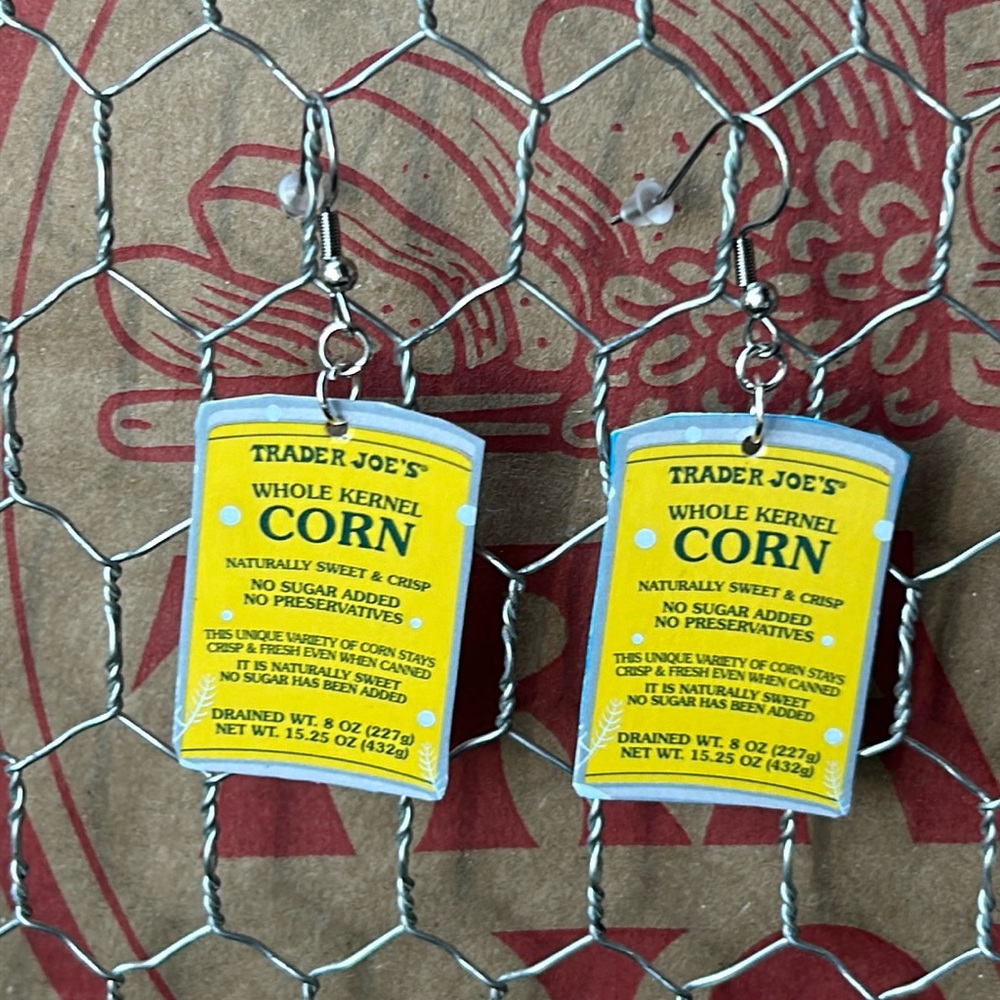 Trader Joe’s gift card earrings canned corn